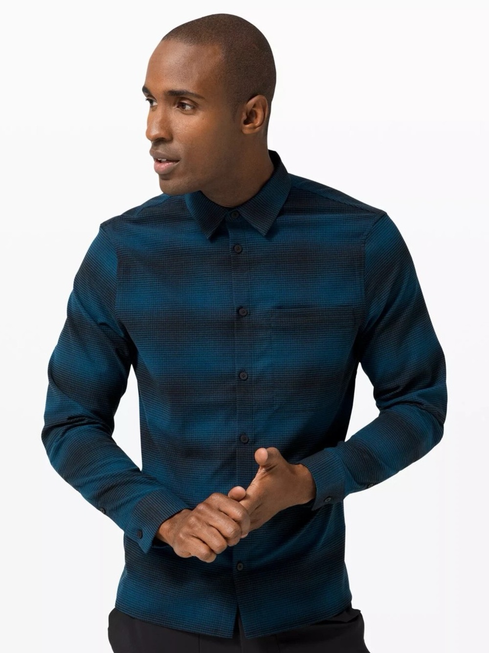 Lululemon Men's Blue Plaid Long-Sleeve Button-Up Shirt